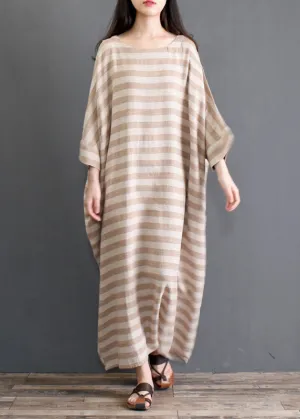 Khaki Striped Patchwork Oversized Cotton Long Dresses O-Neck Half Sleeve