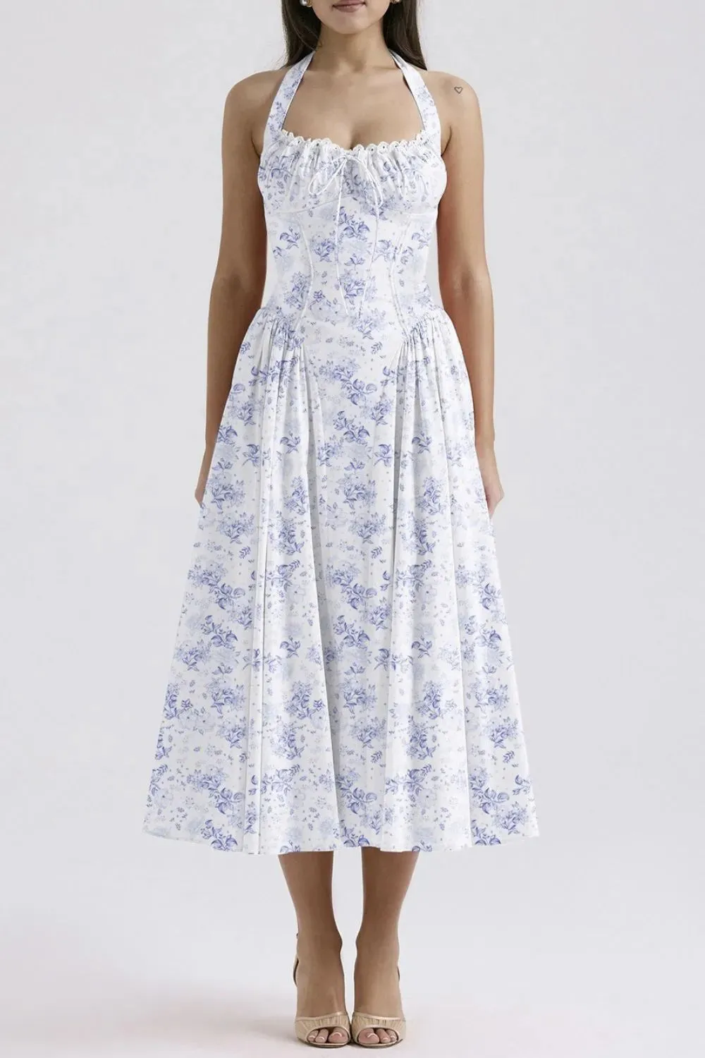 Lace Detail Floral Halter Neck Midi Dress