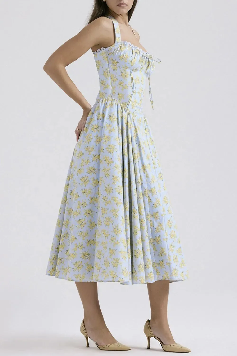Lace Detail Floral Halter Neck Midi Dress