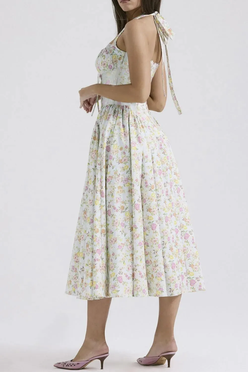 Lace Detail Floral Halter Neck Midi Dress