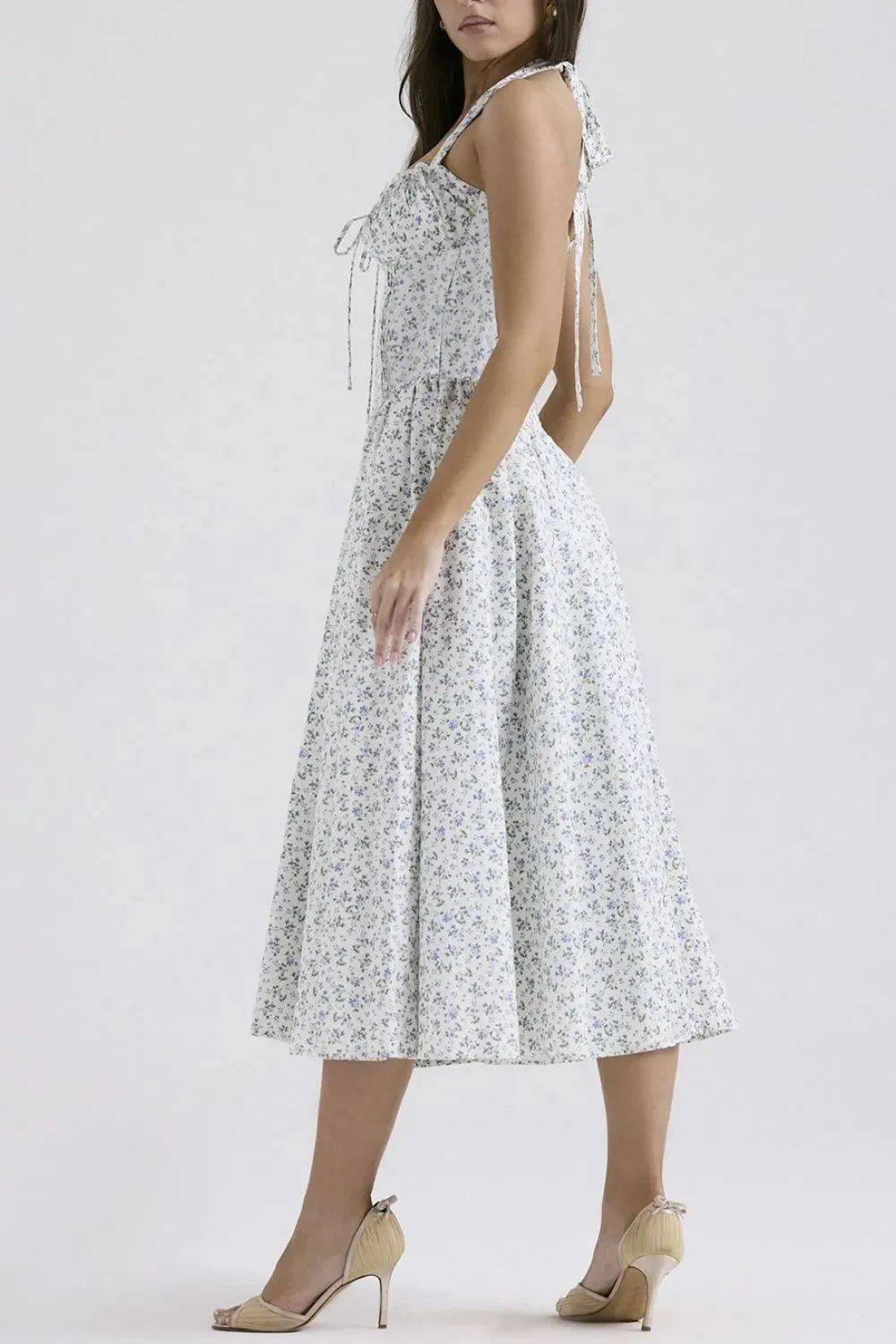 Lace Detail Floral Halter Neck Midi Dress
