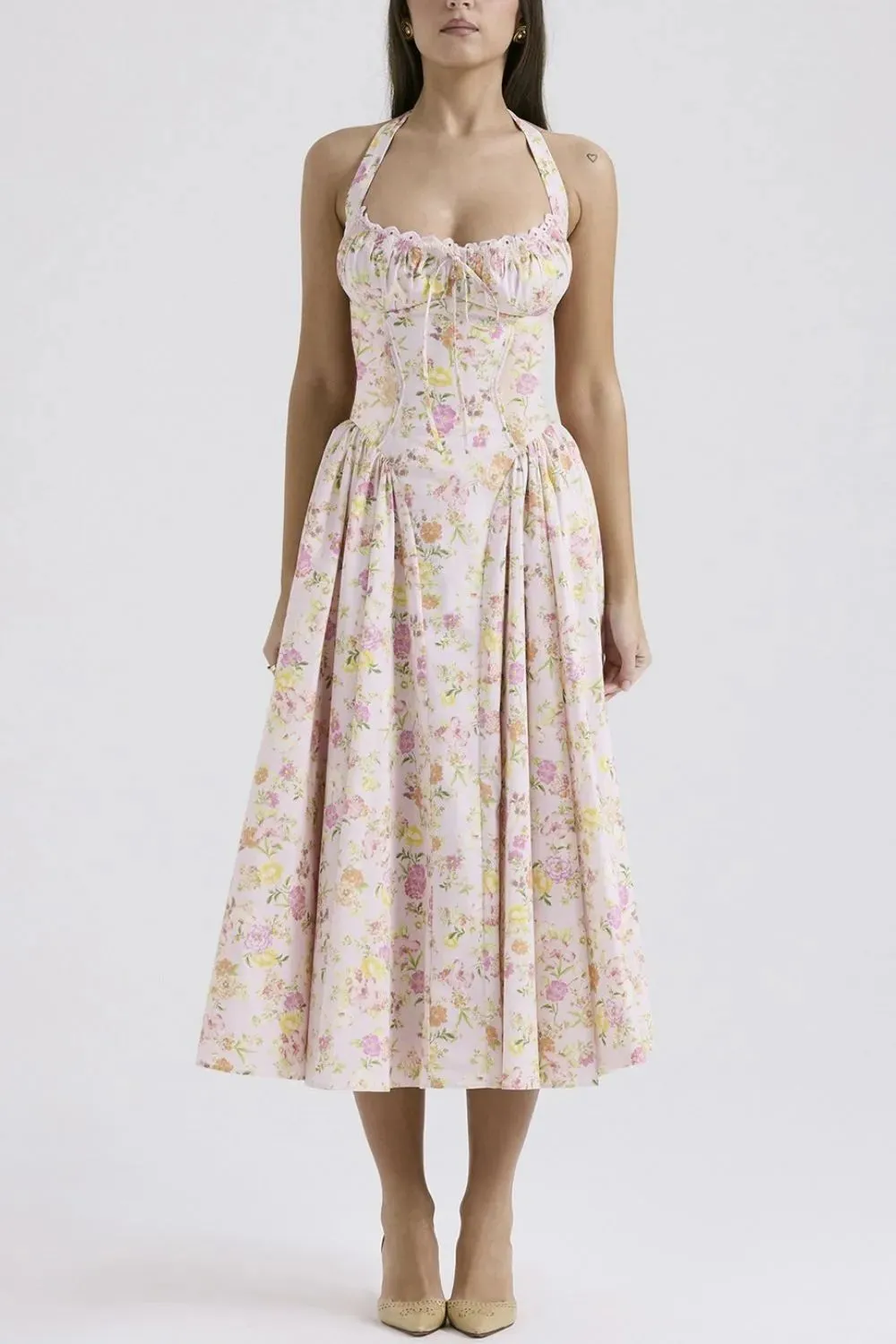 Lace Detail Floral Halter Neck Midi Dress