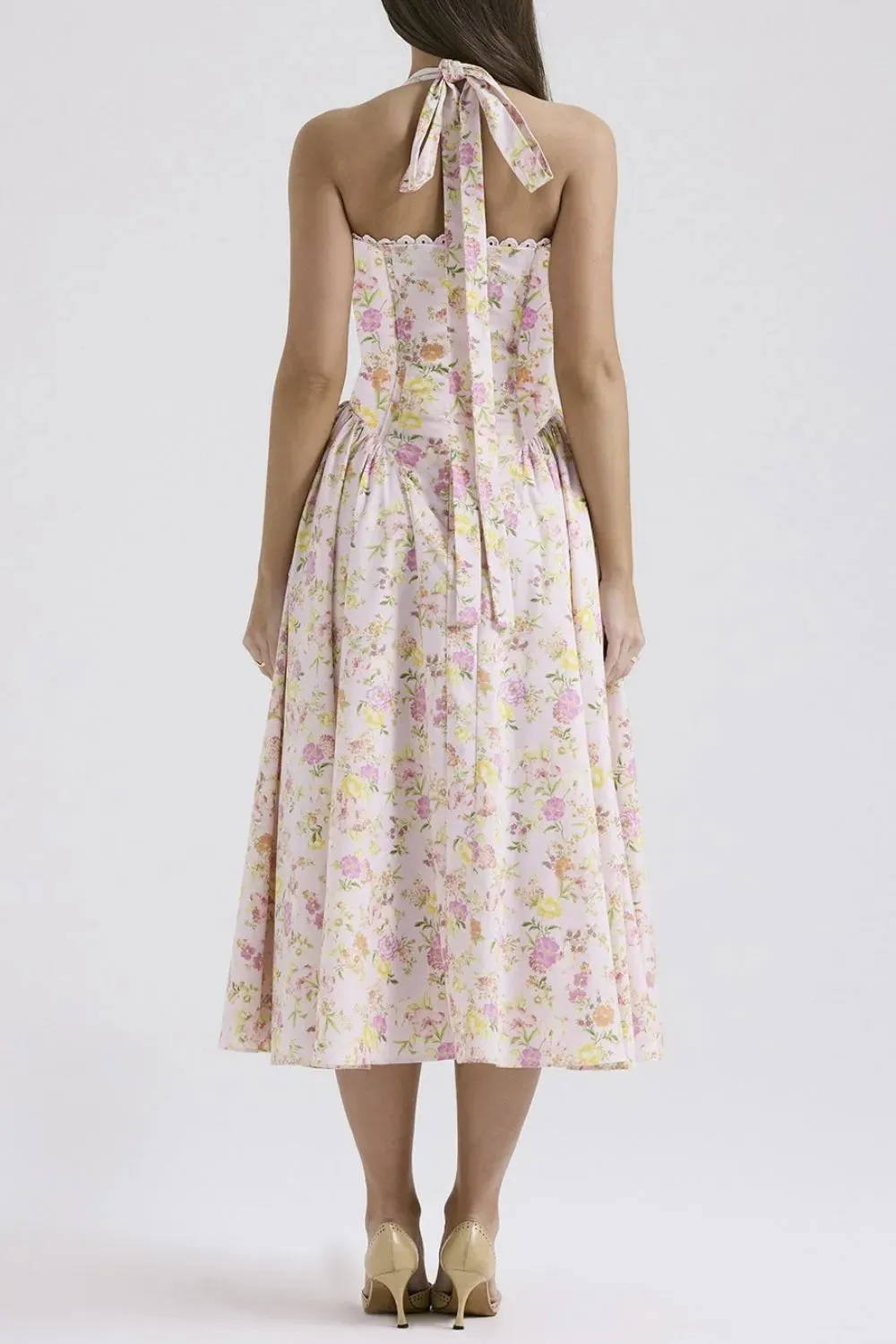 Lace Detail Floral Halter Neck Midi Dress