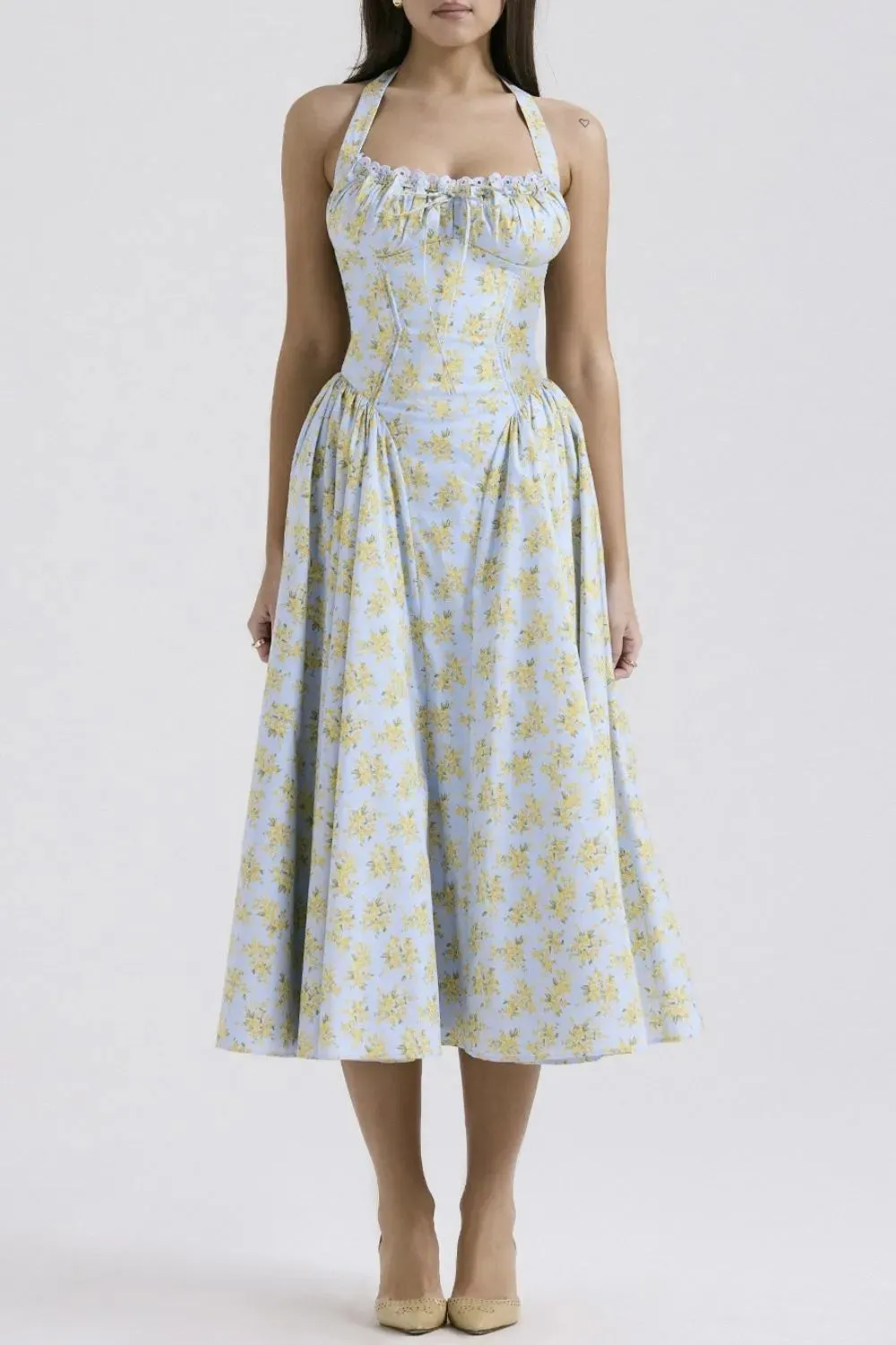 Lace Detail Floral Halter Neck Midi Dress
