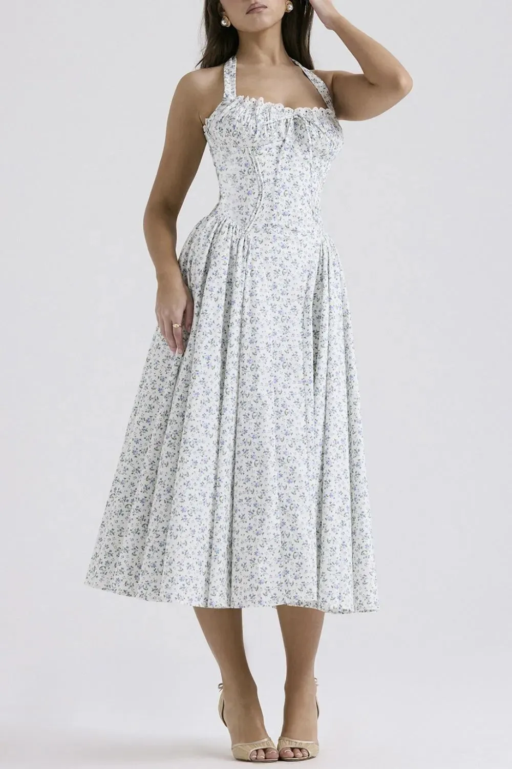 Lace Detail Floral Halter Neck Midi Dress