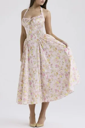 Lace Detail Floral Halter Neck Midi Dress