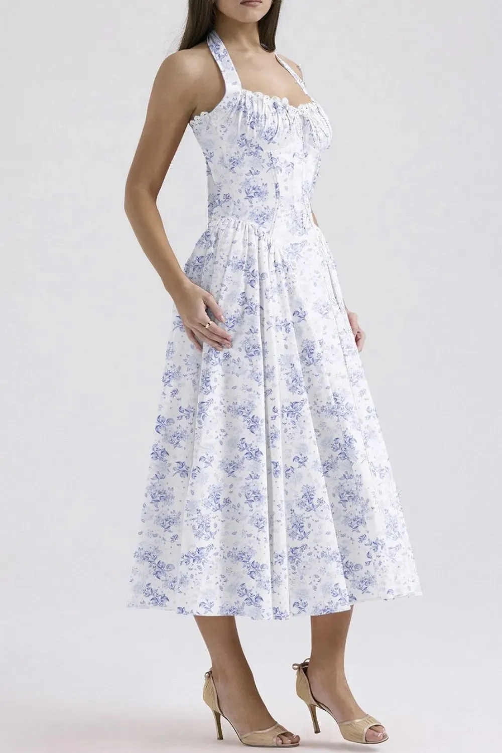Lace Detail Floral Halter Neck Midi Dress
