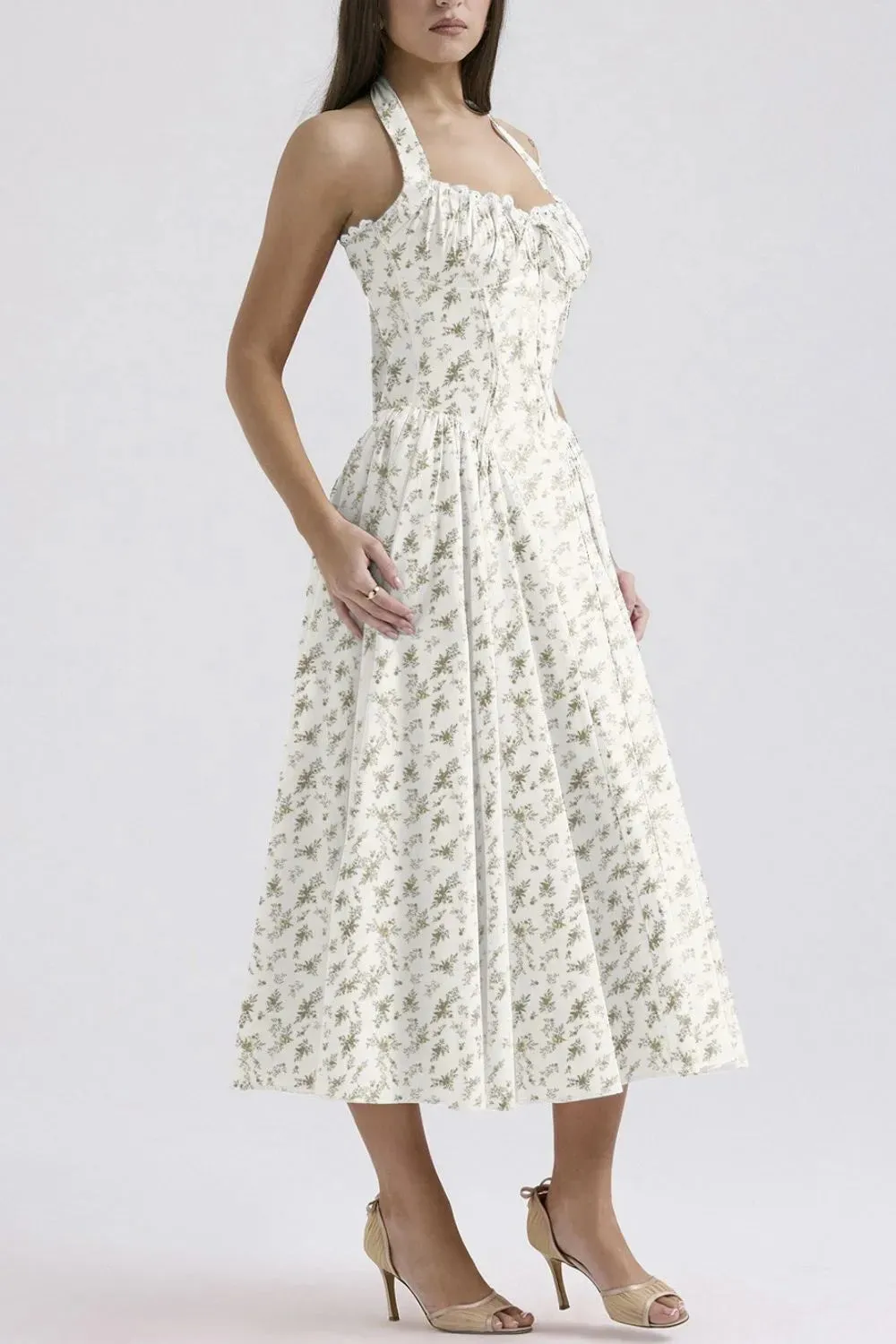Lace Detail Floral Halter Neck Midi Dress
