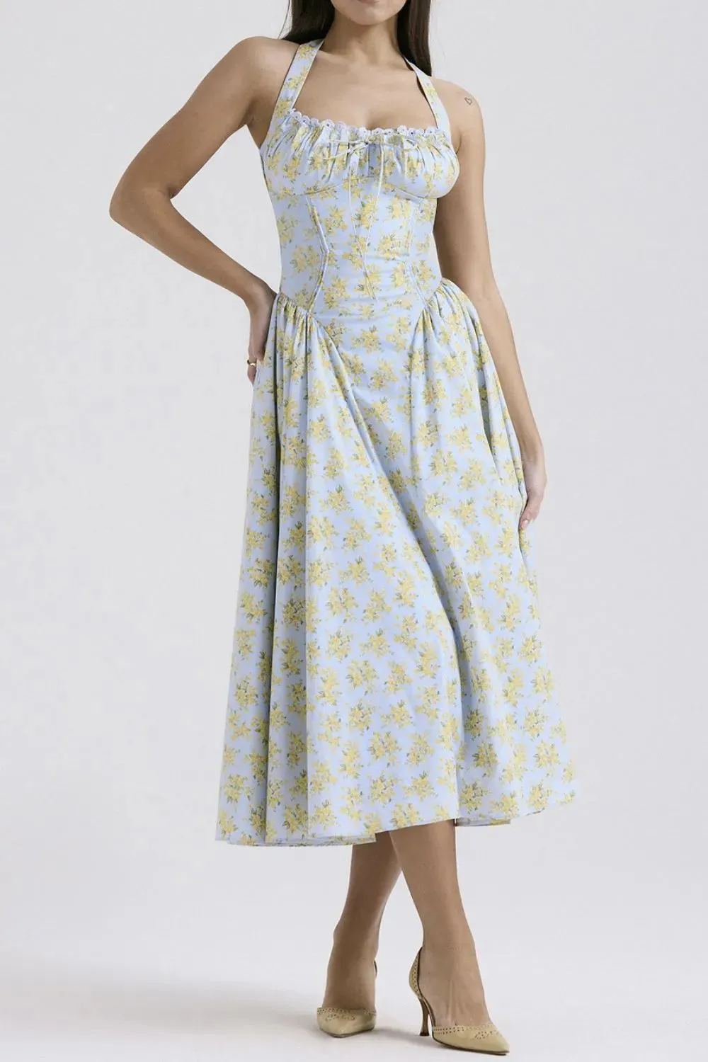 Lace Detail Floral Halter Neck Midi Dress