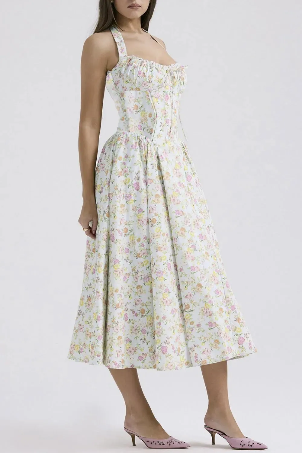 Lace Detail Floral Halter Neck Midi Dress