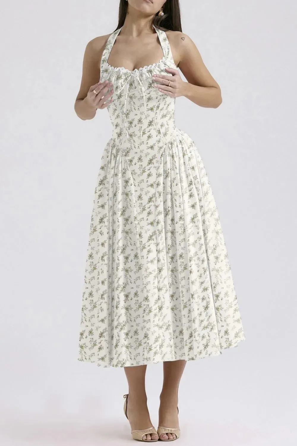 Lace Detail Floral Halter Neck Midi Dress