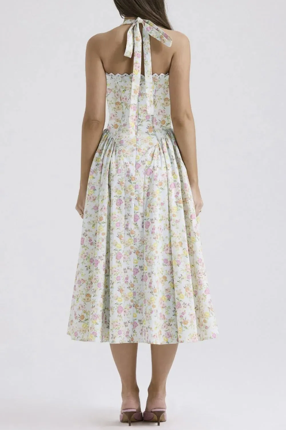 Lace Detail Floral Halter Neck Midi Dress