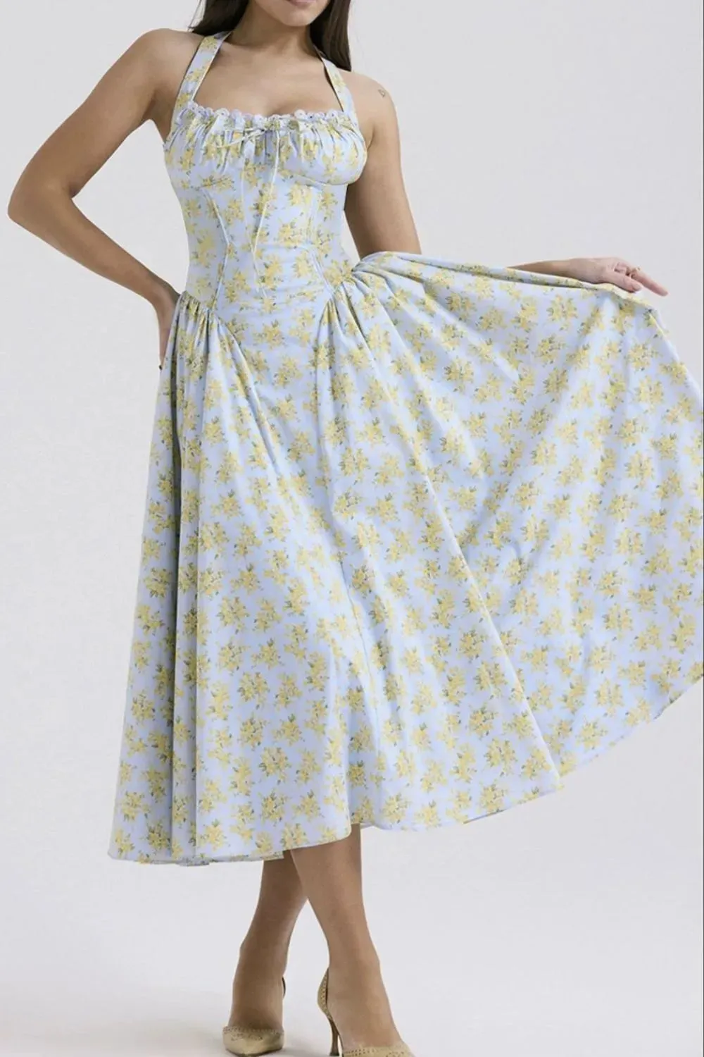 Lace Detail Floral Halter Neck Midi Dress