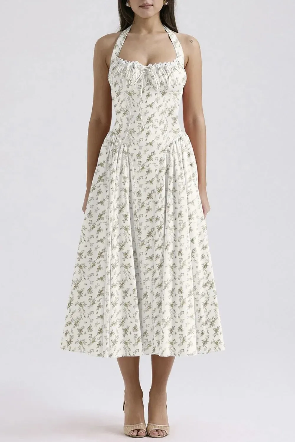 Lace Detail Floral Halter Neck Midi Dress