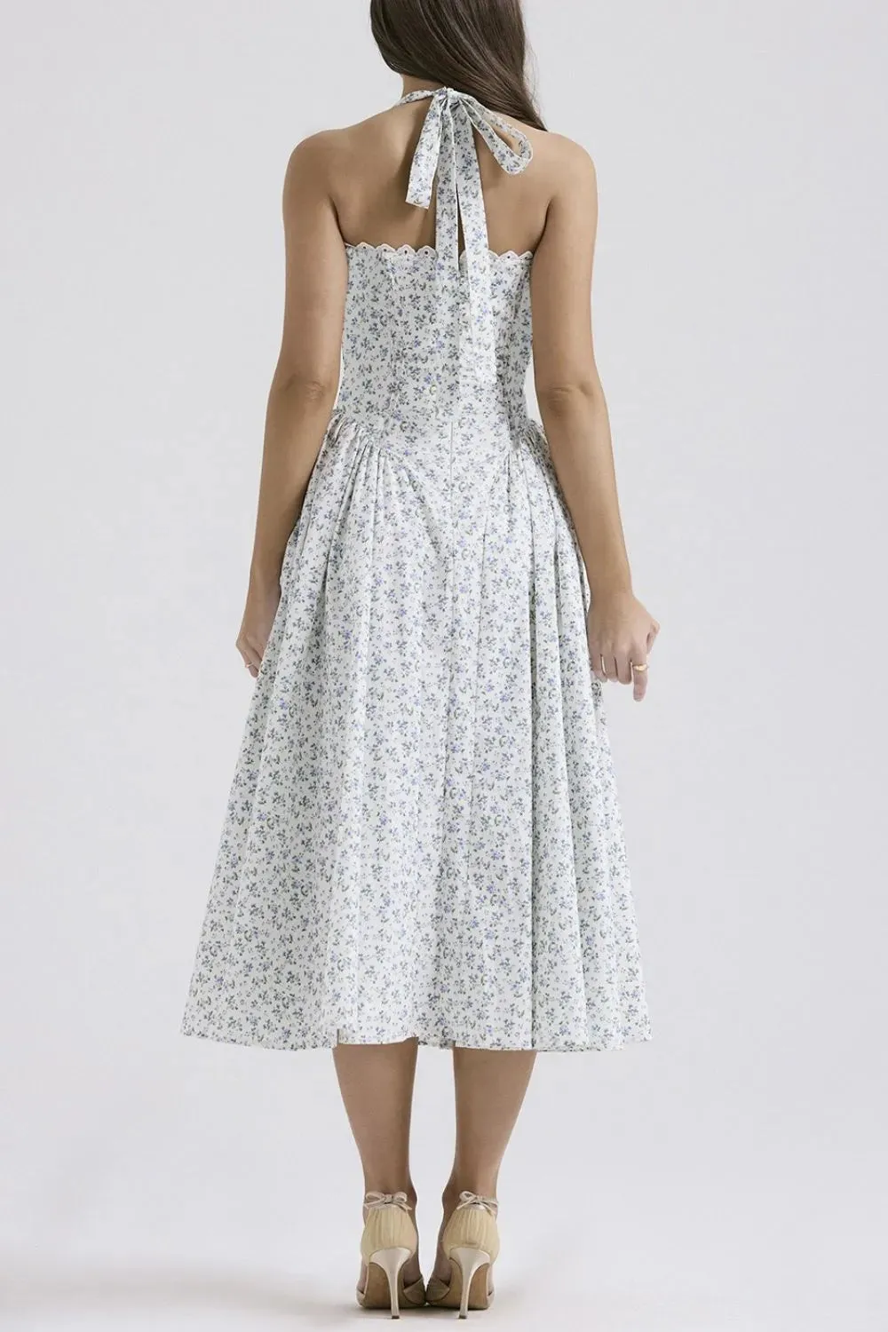 Lace Detail Floral Halter Neck Midi Dress