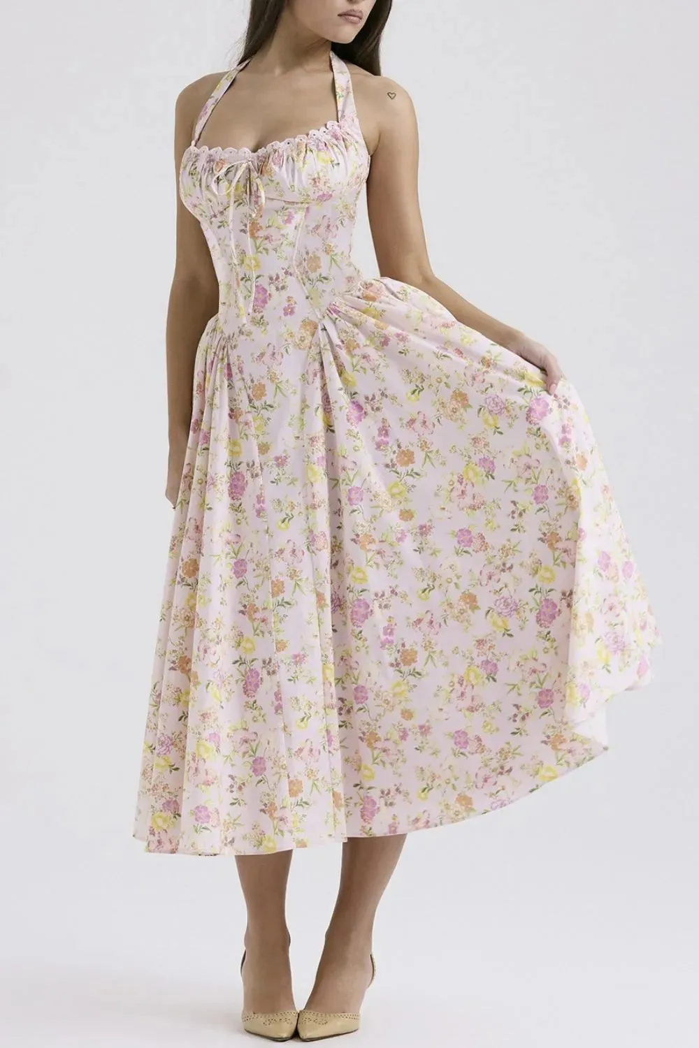 Lace Detail Floral Halter Neck Midi Dress
