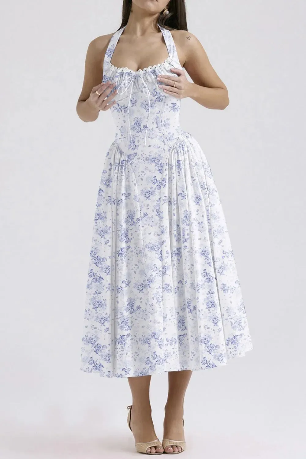 Lace Detail Floral Halter Neck Midi Dress