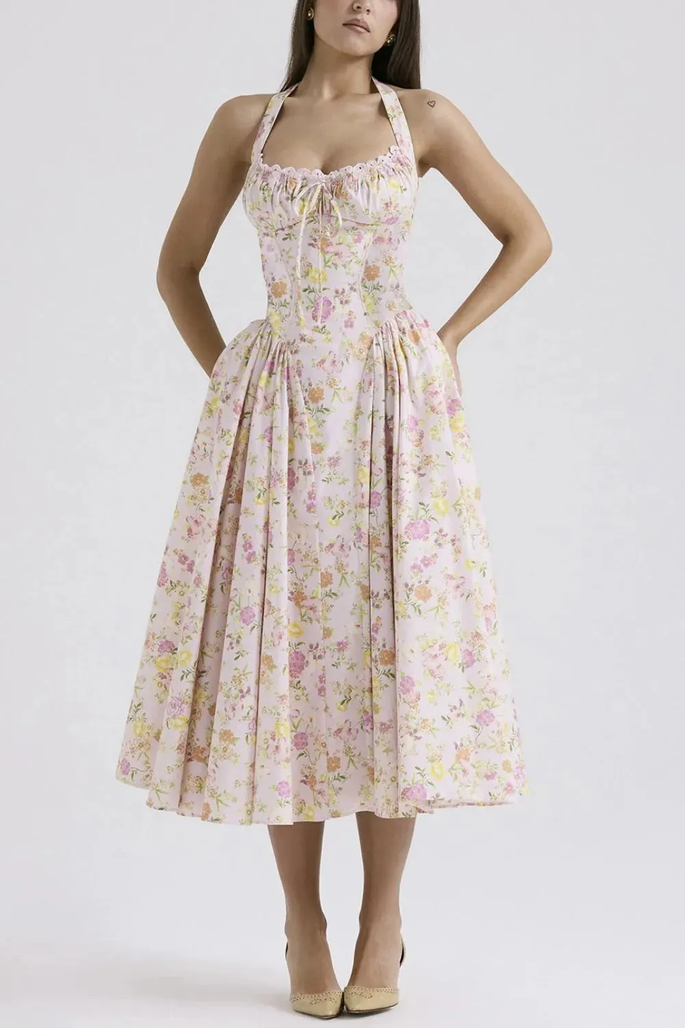 Lace Detail Floral Halter Neck Midi Dress