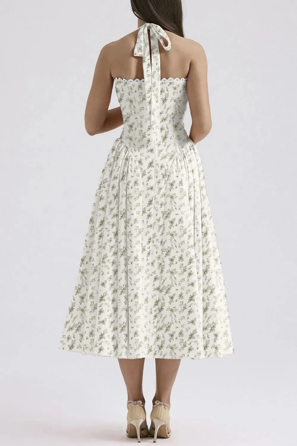 Lace Detail Floral Halter Neck Midi Dress