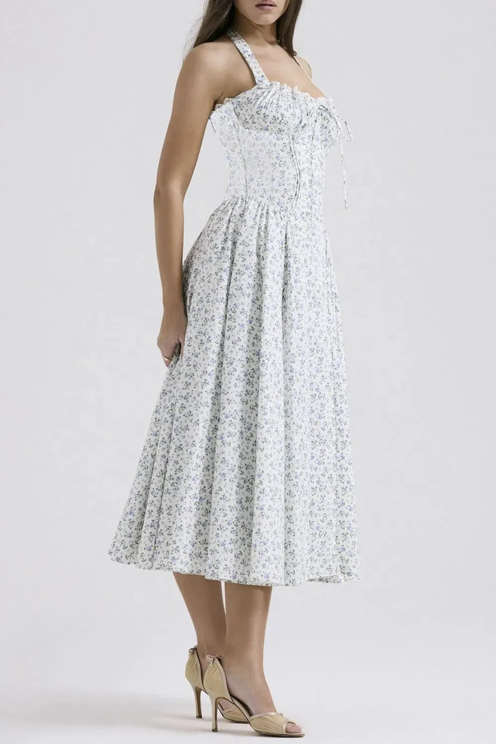 Lace Detail Floral Halter Neck Midi Dress