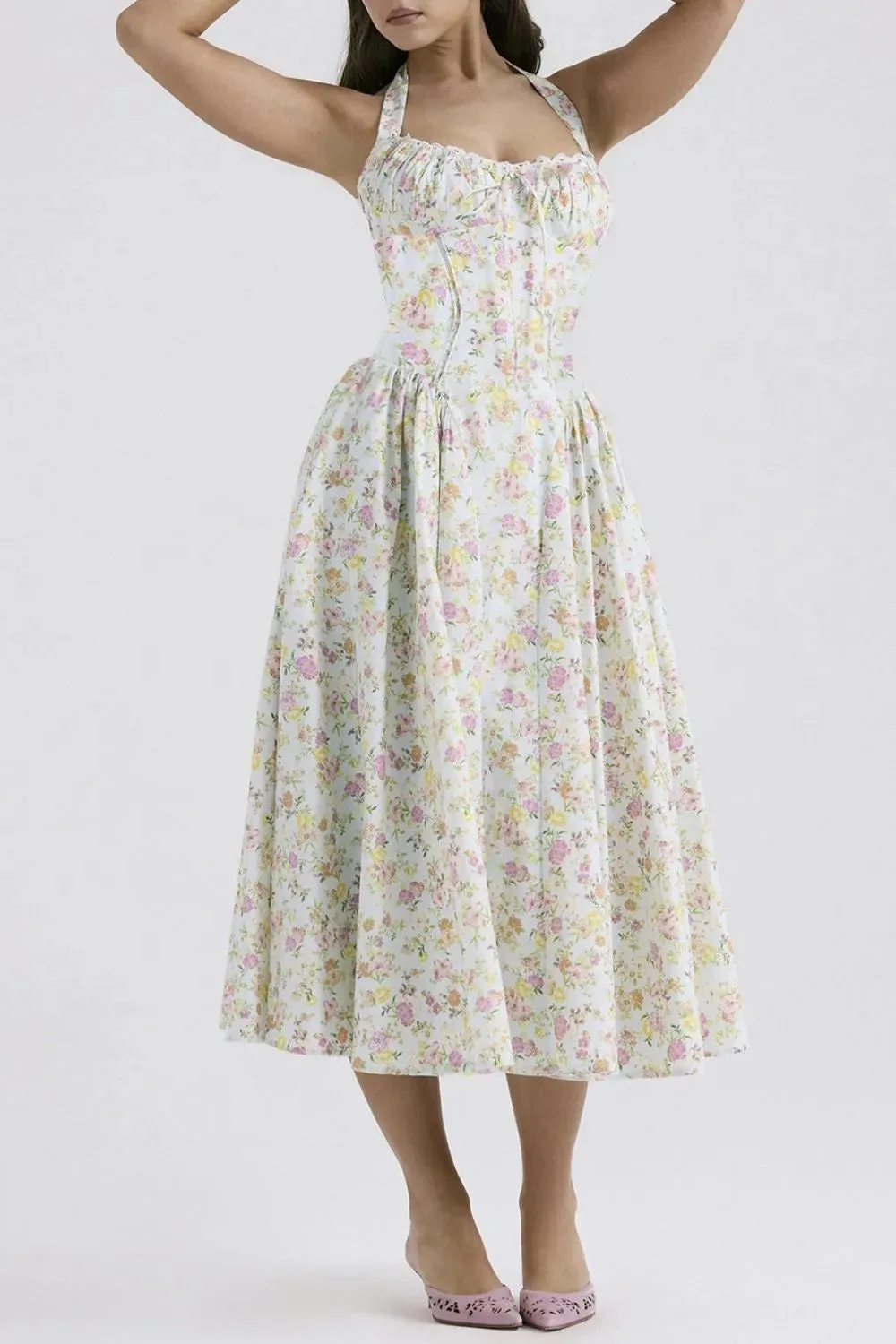Lace Detail Floral Halter Neck Midi Dress