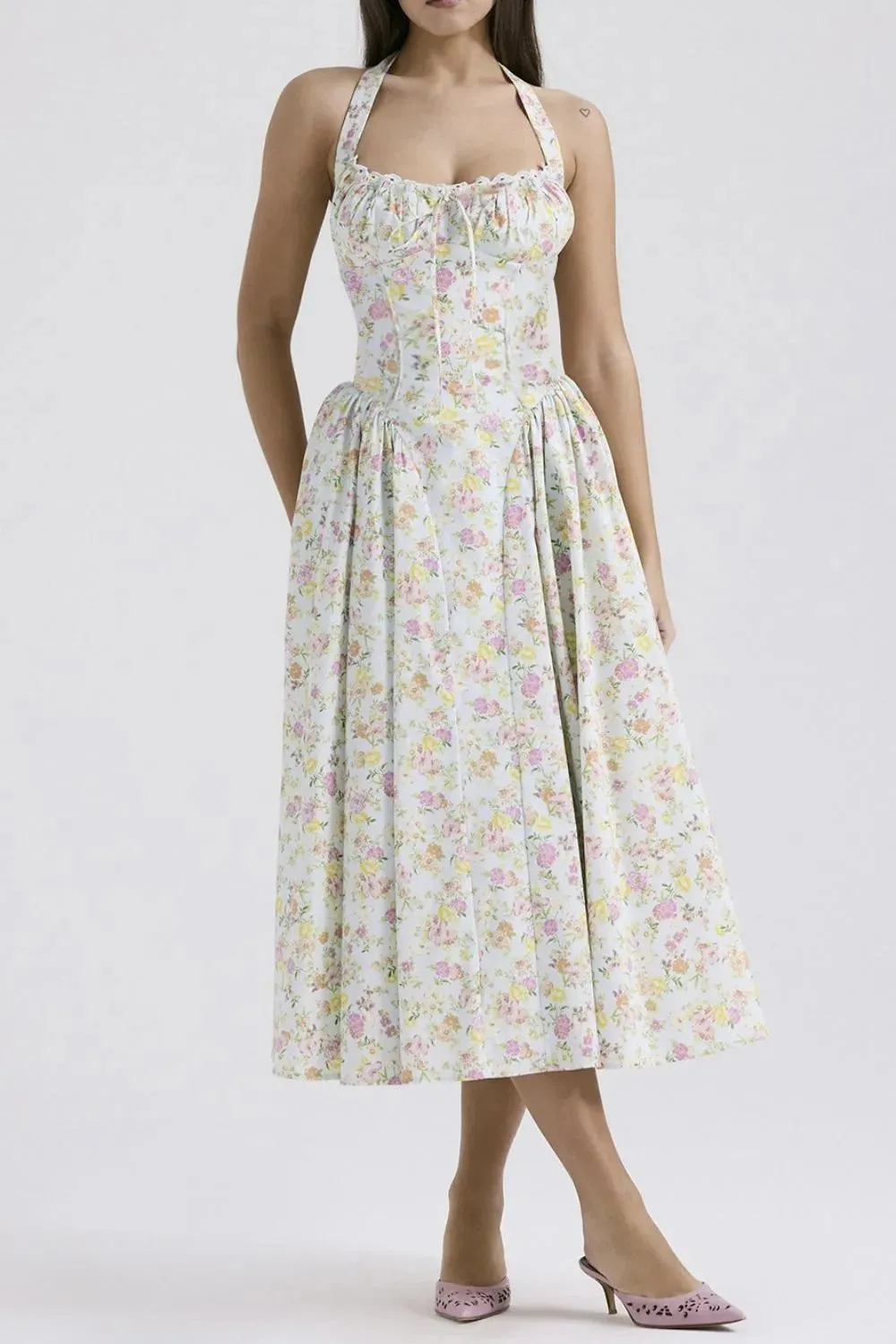 Lace Detail Floral Halter Neck Midi Dress