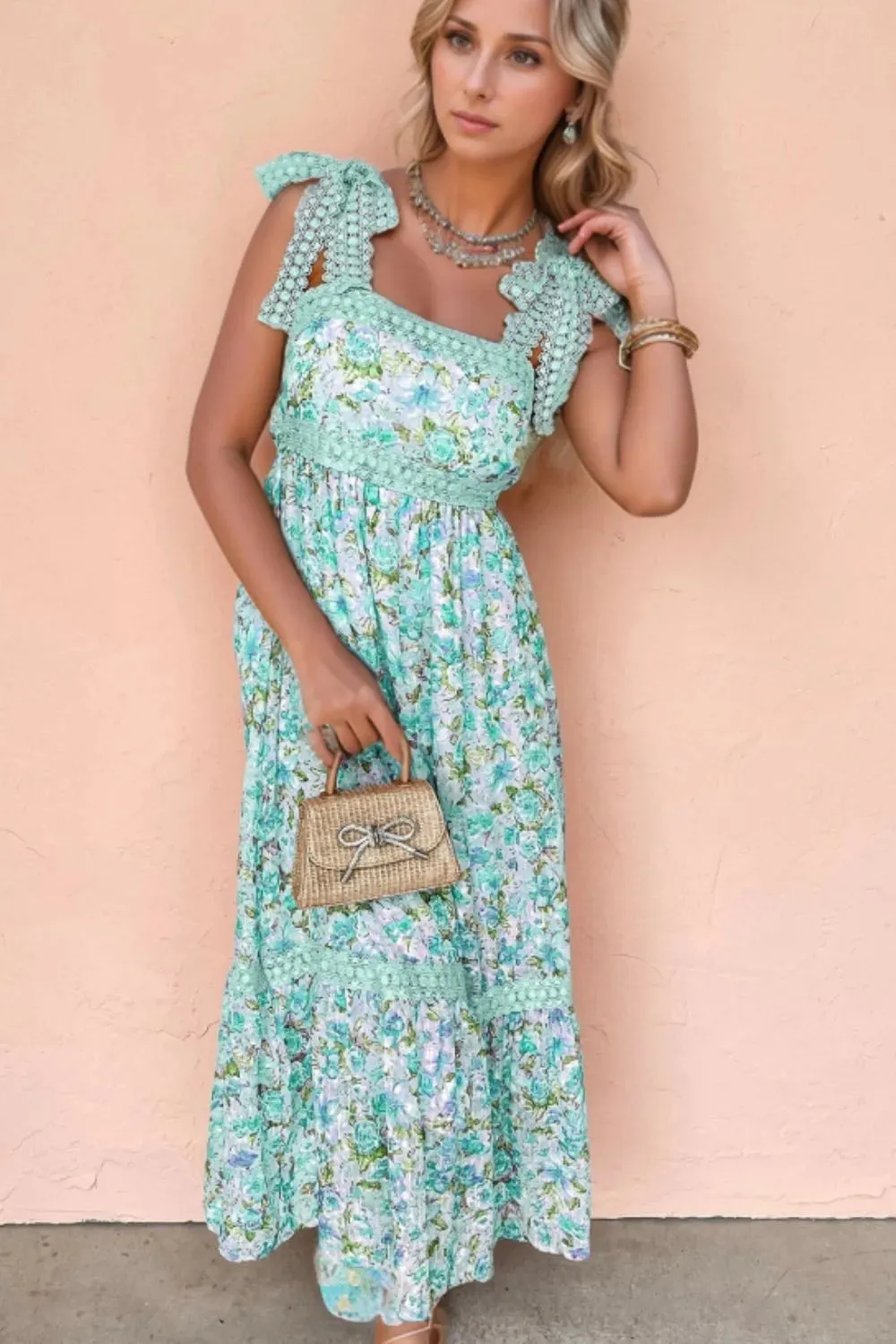 Lace Detail Square Neck Floral Dress