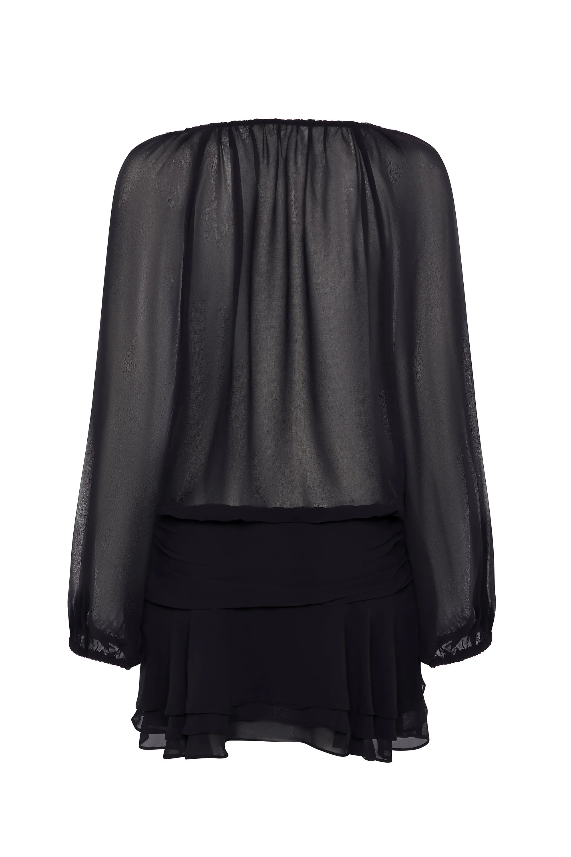 Lace-Up Balloon-Sleeve Mini Dress in Black