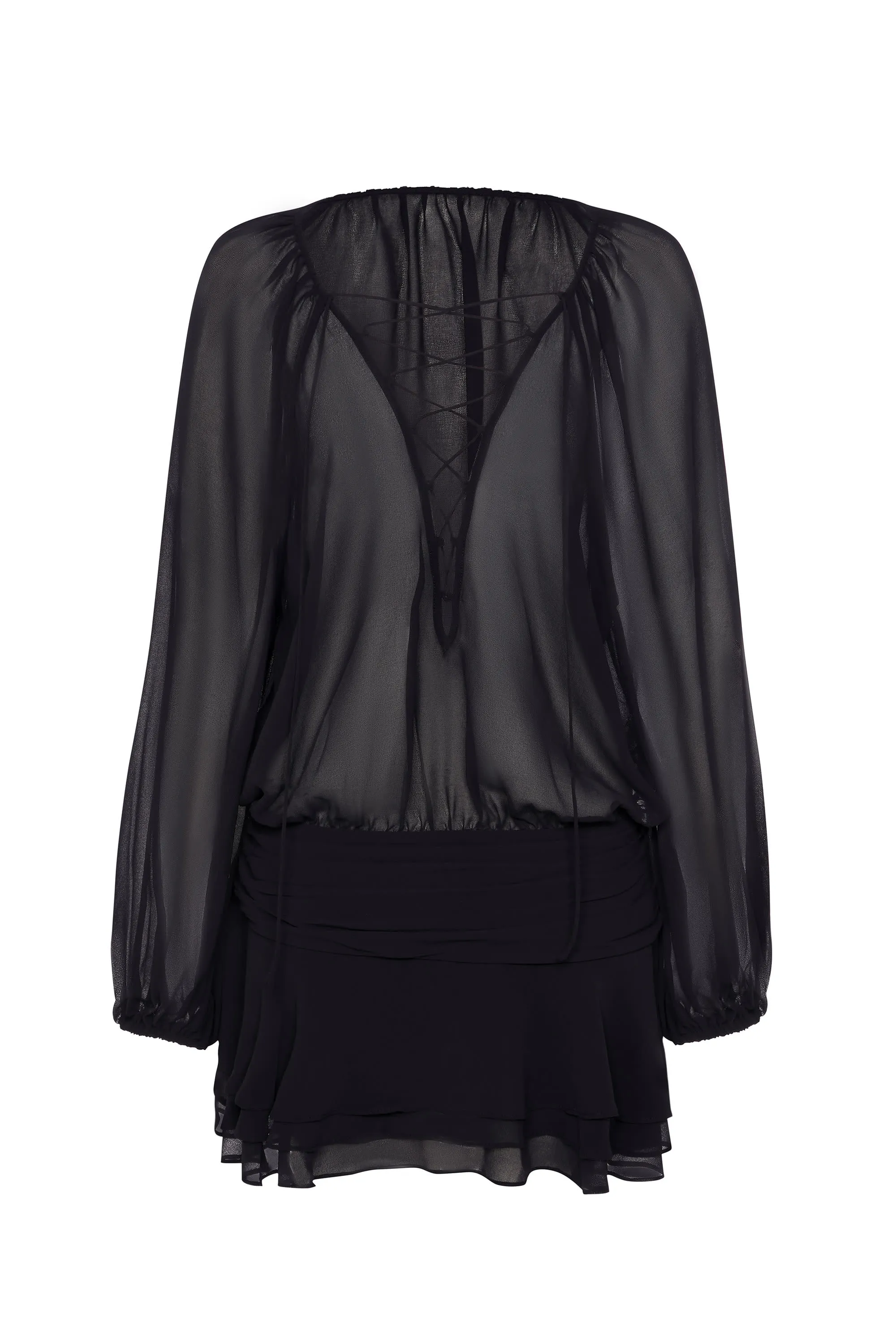 Lace-Up Balloon-Sleeve Mini Dress in Black