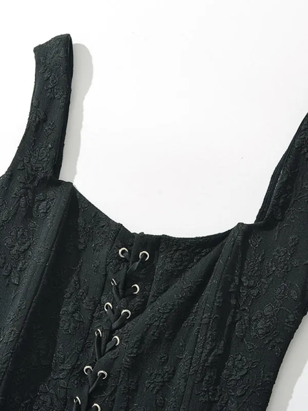 Lace-Up Mini Dress with Pleated Skirt and Embroidered Design