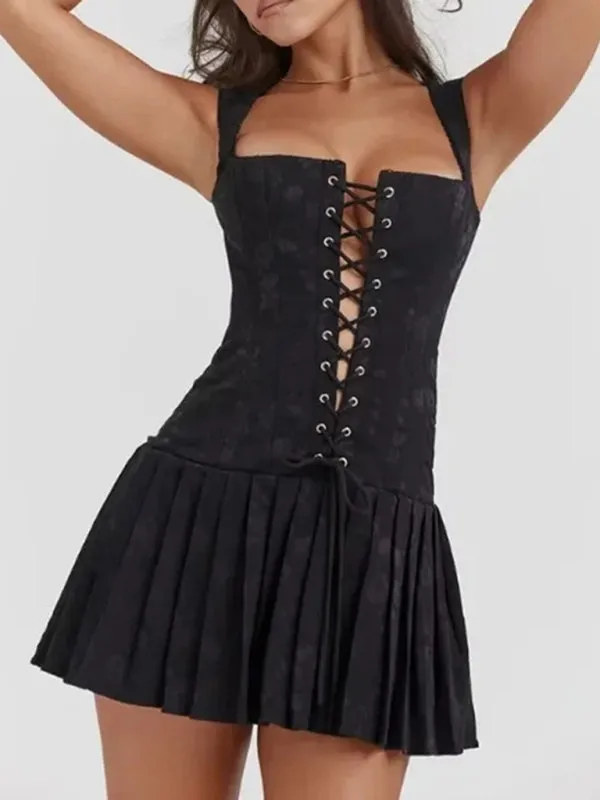 Lace-Up Mini Dress with Pleated Skirt and Embroidered Design