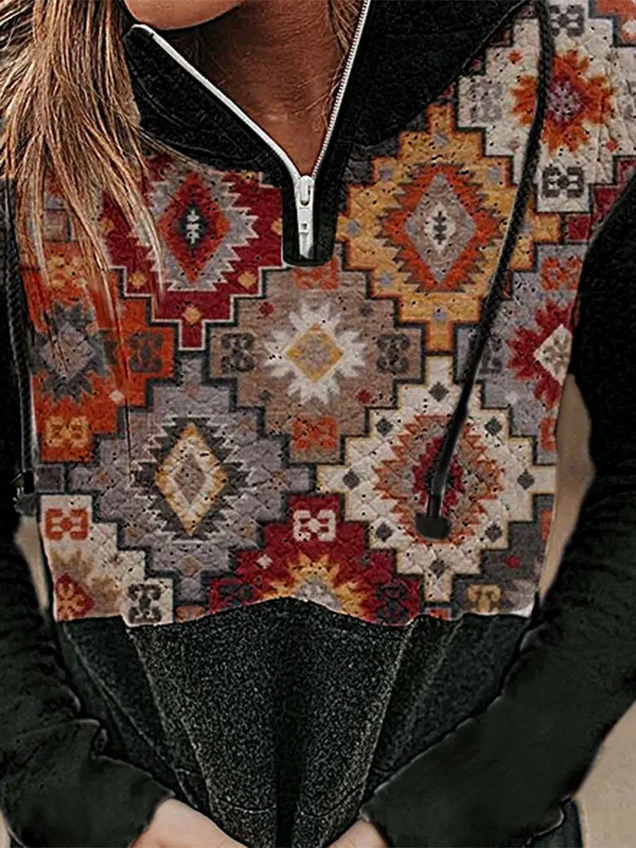 Ladies Ethnic Totem Stitching Printed Hoodie Sweatshirt