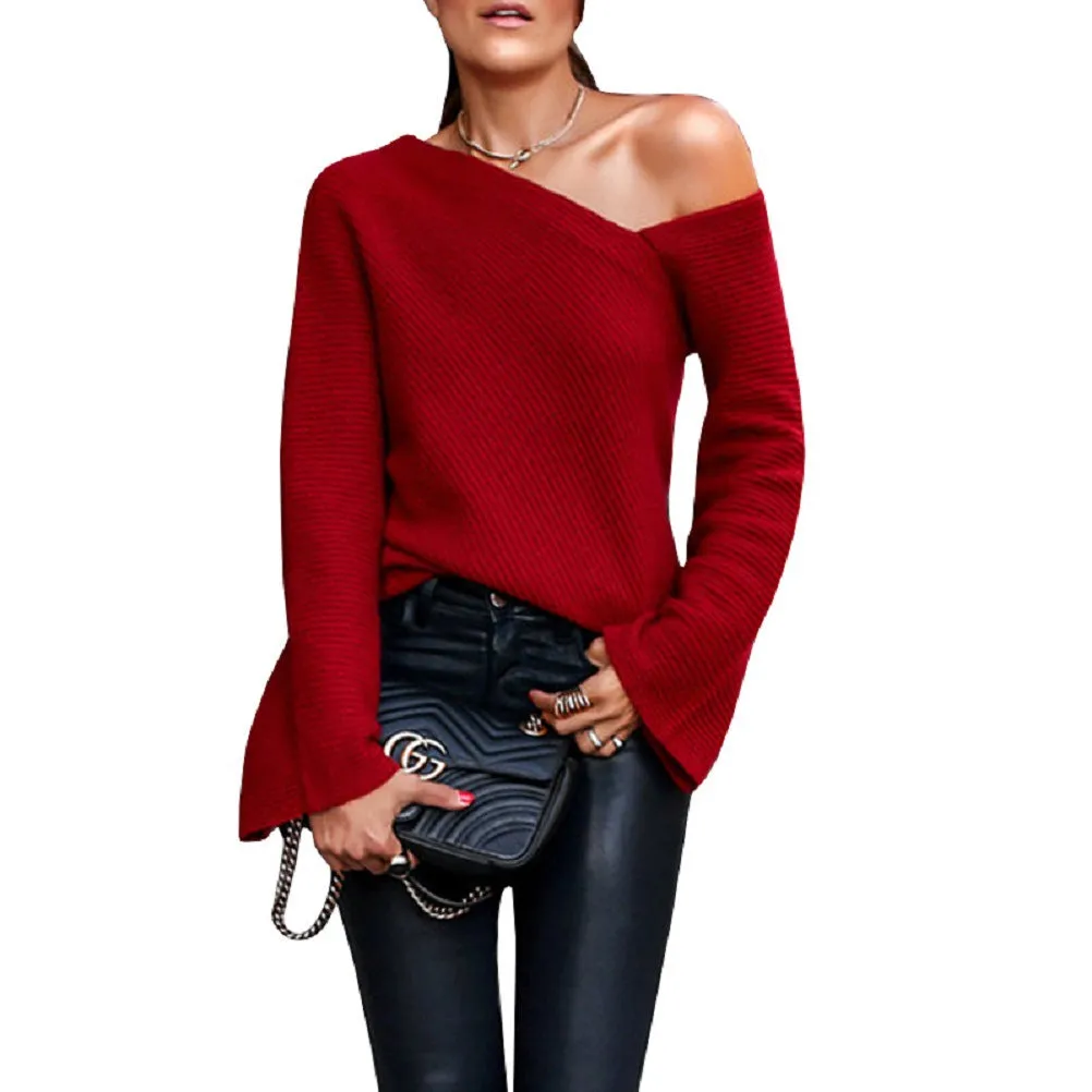 Ladies Sexy Word Shoulder Sweater Autumn and Winter Knitted Sweater