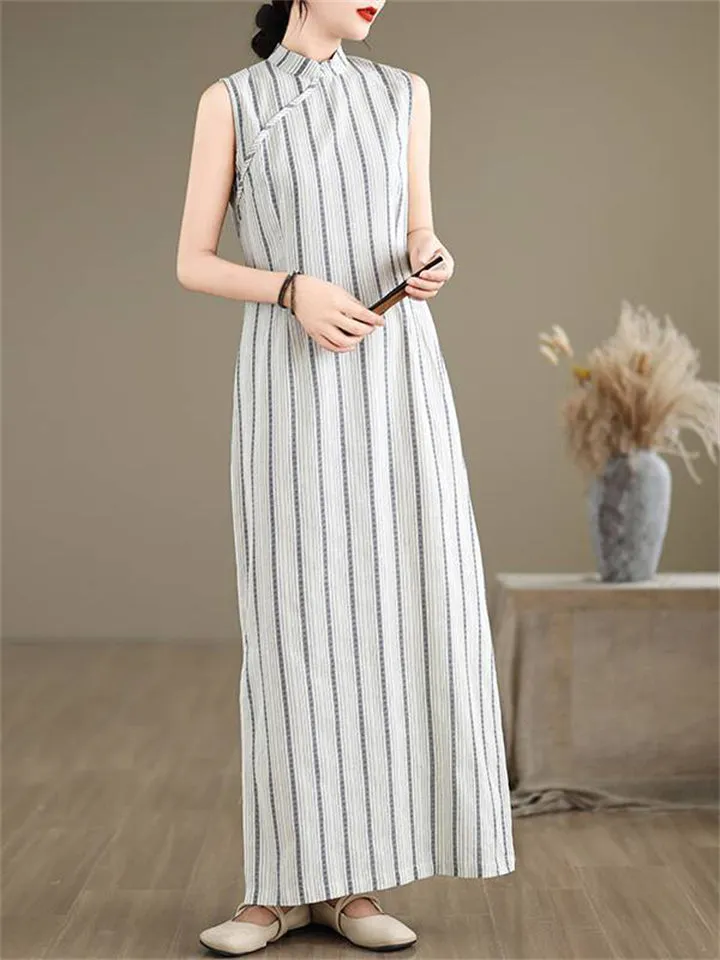 Lady Oriental Style Vintage Sleeveless Striped Cheongsam Dresses