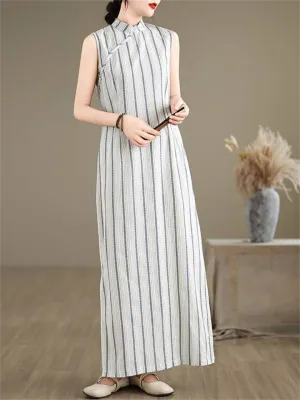 Lady Oriental Style Vintage Sleeveless Striped Cheongsam Dresses