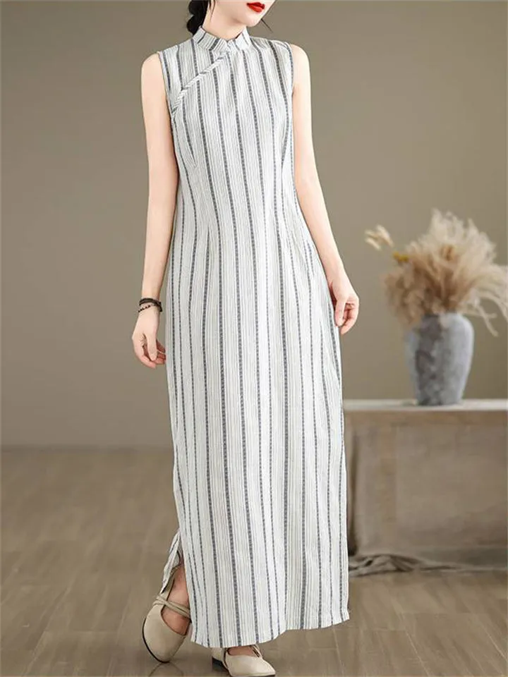 Lady Oriental Style Vintage Sleeveless Striped Cheongsam Dresses