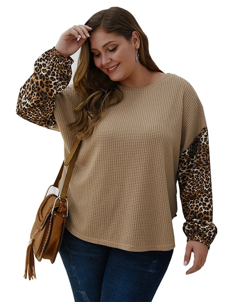 Large Size Women's Leopard Stitching Sweater Autumn and Winter Long-sleeved Shirt
