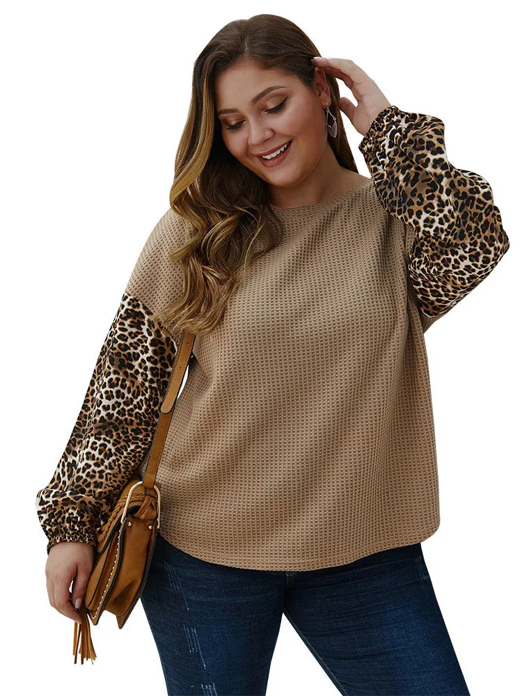 Large Size Women's Leopard Stitching Sweater Autumn and Winter Long-sleeved Shirt