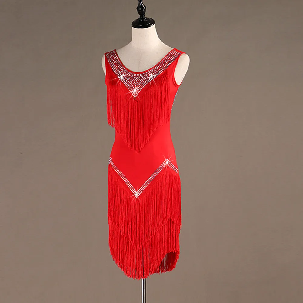 Latin Dance Dresses Women's Training / Performance Spandex / Tulle Tassel / Crystals / Rhinestones Sleeveless High Dress