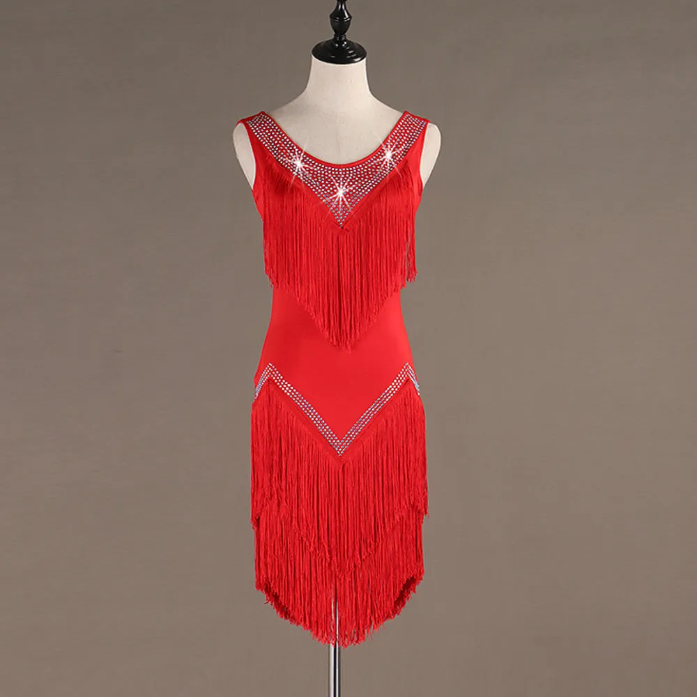 Latin Dance Dresses Women's Training / Performance Spandex / Tulle Tassel / Crystals / Rhinestones Sleeveless High Dress