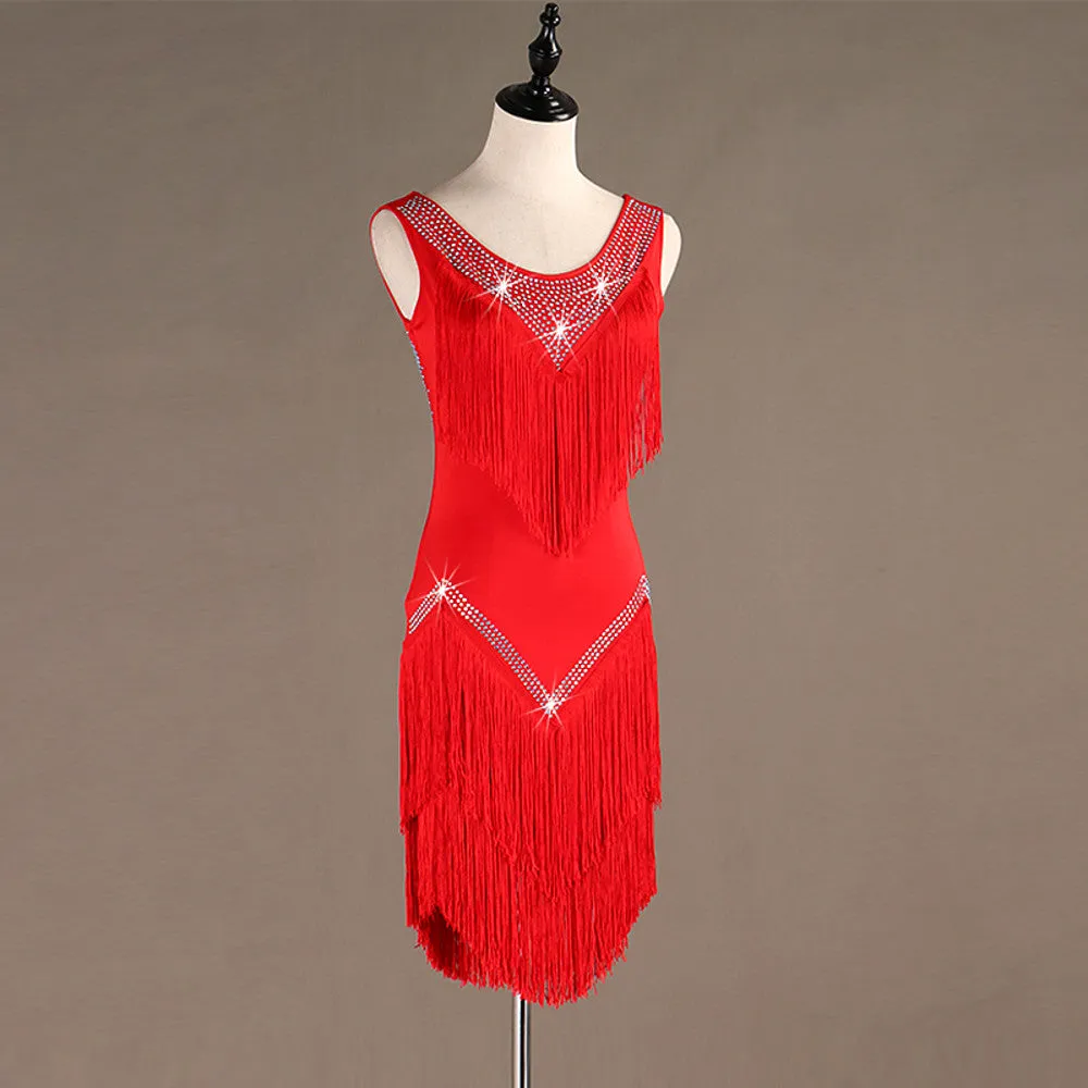 Latin Dance Dresses Women's Training / Performance Spandex / Tulle Tassel / Crystals / Rhinestones Sleeveless High Dress
