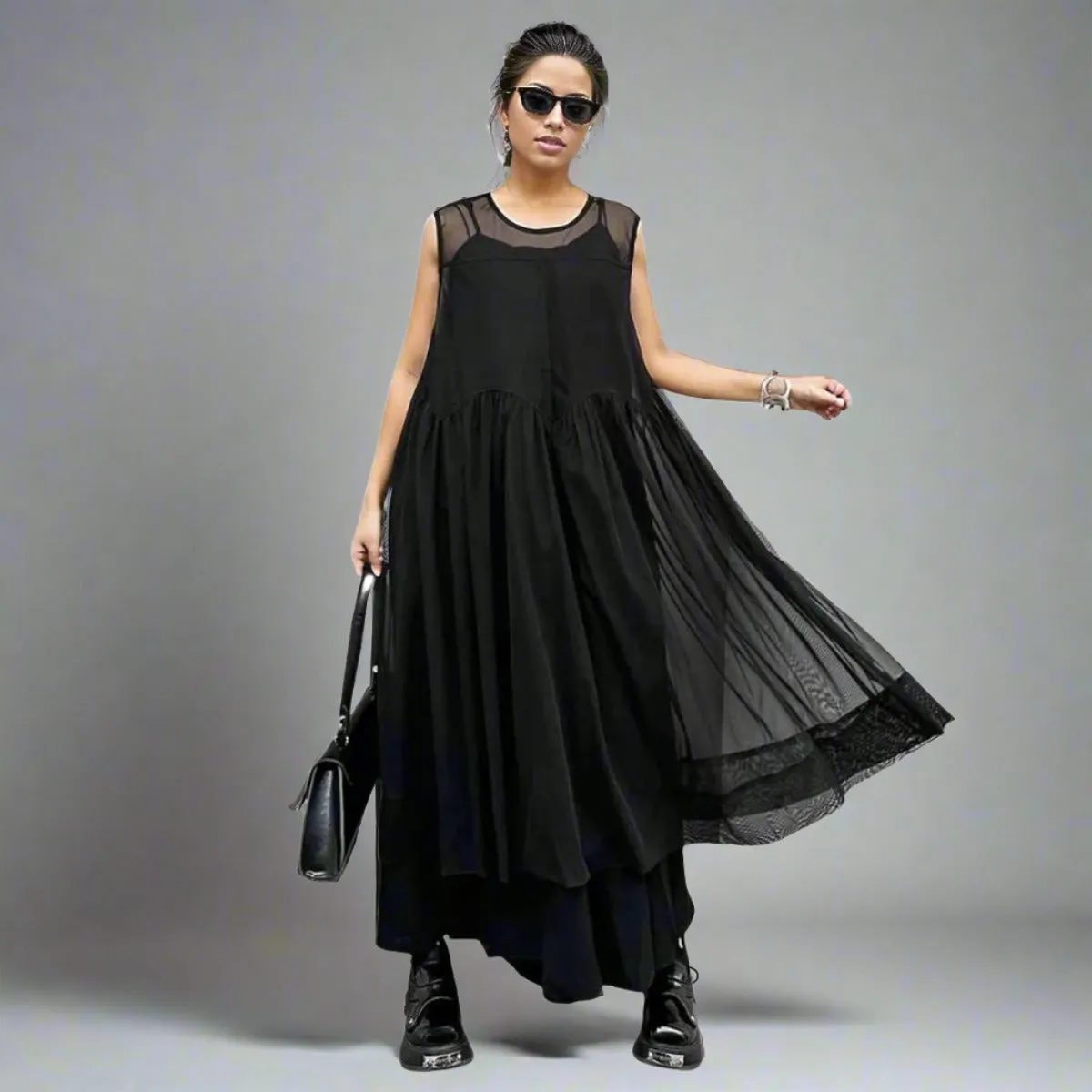 Layered Elegance: Sheer Black Gothic-Inspired Overlay Dress