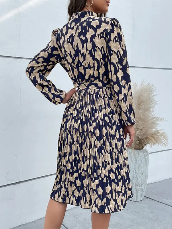 Leopard Print Long Sleeve Dress with Pleated Hem and Tie Waist