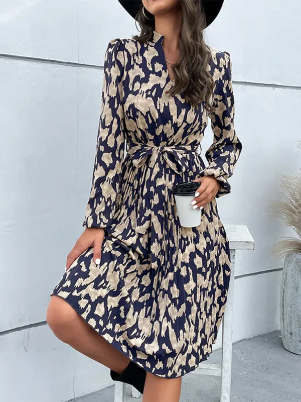 Leopard Print Long Sleeve Dress with Pleated Hem and Tie Waist