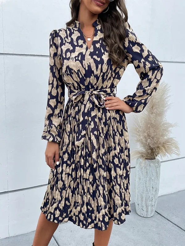 Leopard Print Long Sleeve Dress with Pleated Hem and Tie Waist