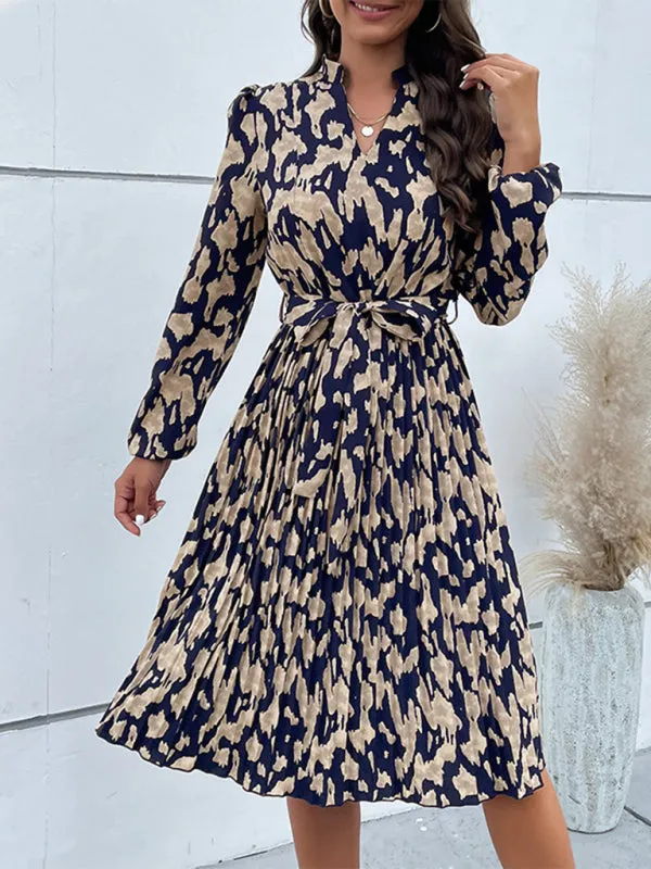 Leopard Print Long Sleeve Dress with Pleated Hem and Tie Waist