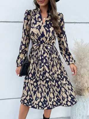 Leopard Print Long Sleeve Dress with Pleated Hem and Tie Waist