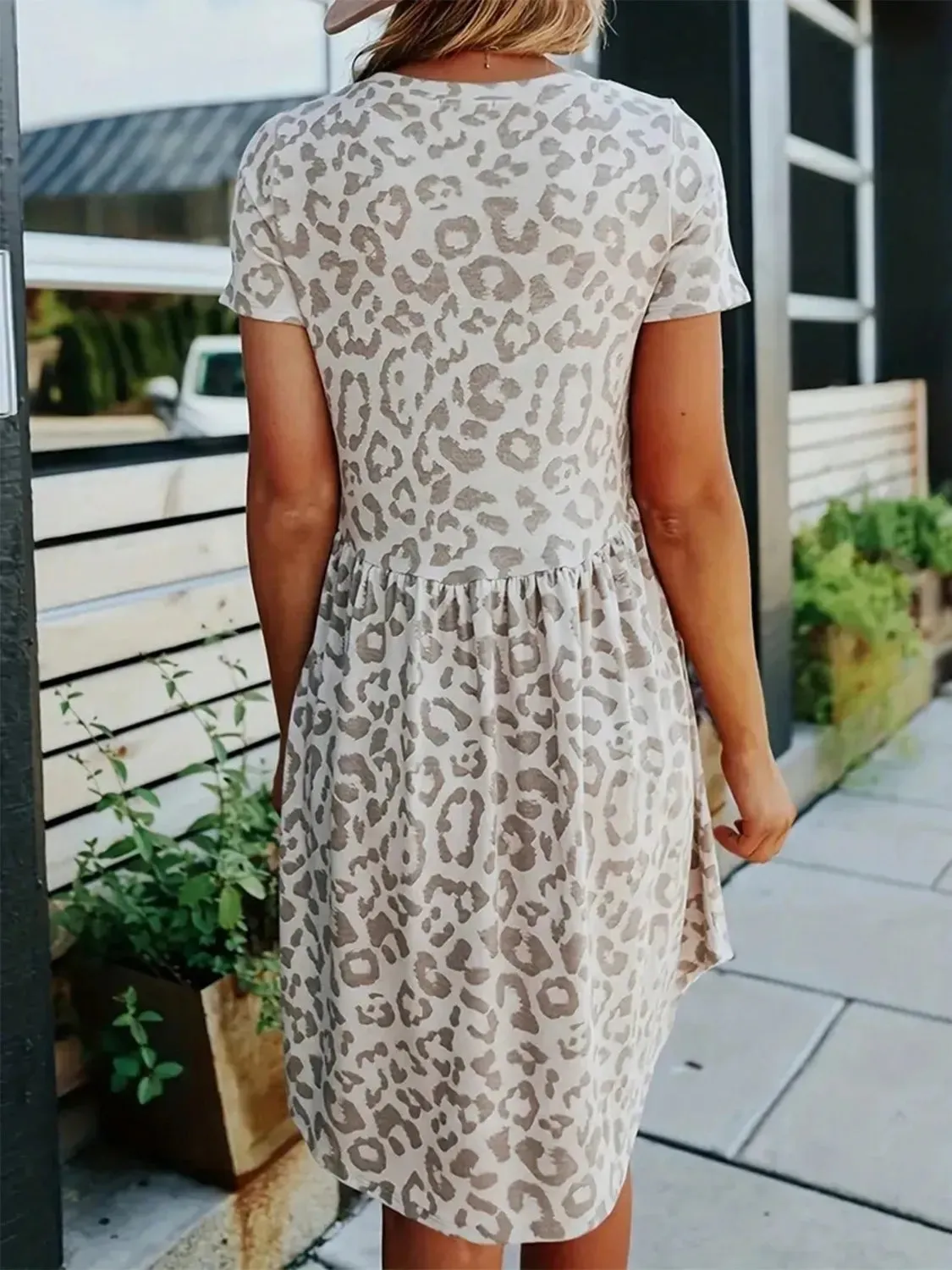Leopard Round Neck Short Sleeve Mini Tee Dress