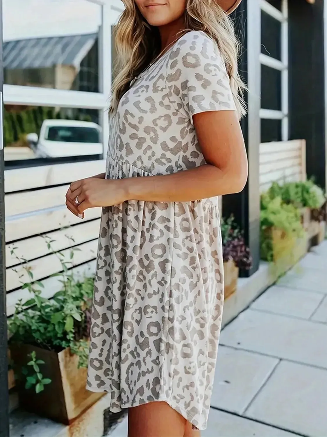 Leopard Round Neck Short Sleeve Mini Tee Dress