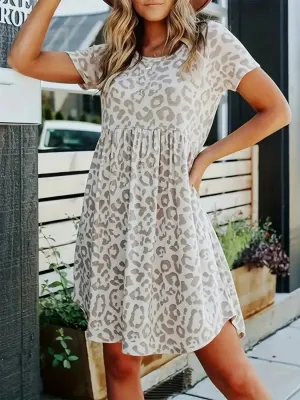 Leopard Round Neck Short Sleeve Mini Tee Dress